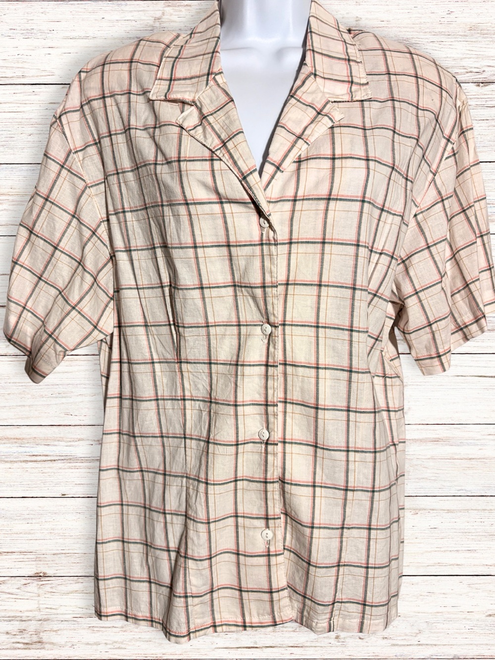 VINTAGE COTTON BLOUSE Button Down Beige Plaid  70s Grandmacore RARE Find SZ 12